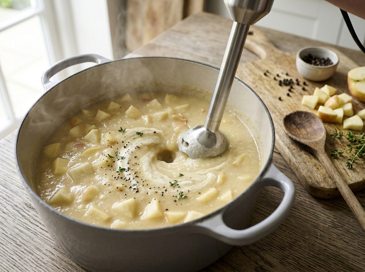 Immersion blender pureeing celeriac and apple soup in a pot on the stovetop with steam rising