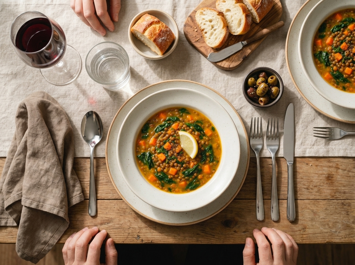Two bowls of lentil soup on a wooden table with crusty bread slices and warm afternoon light through a window