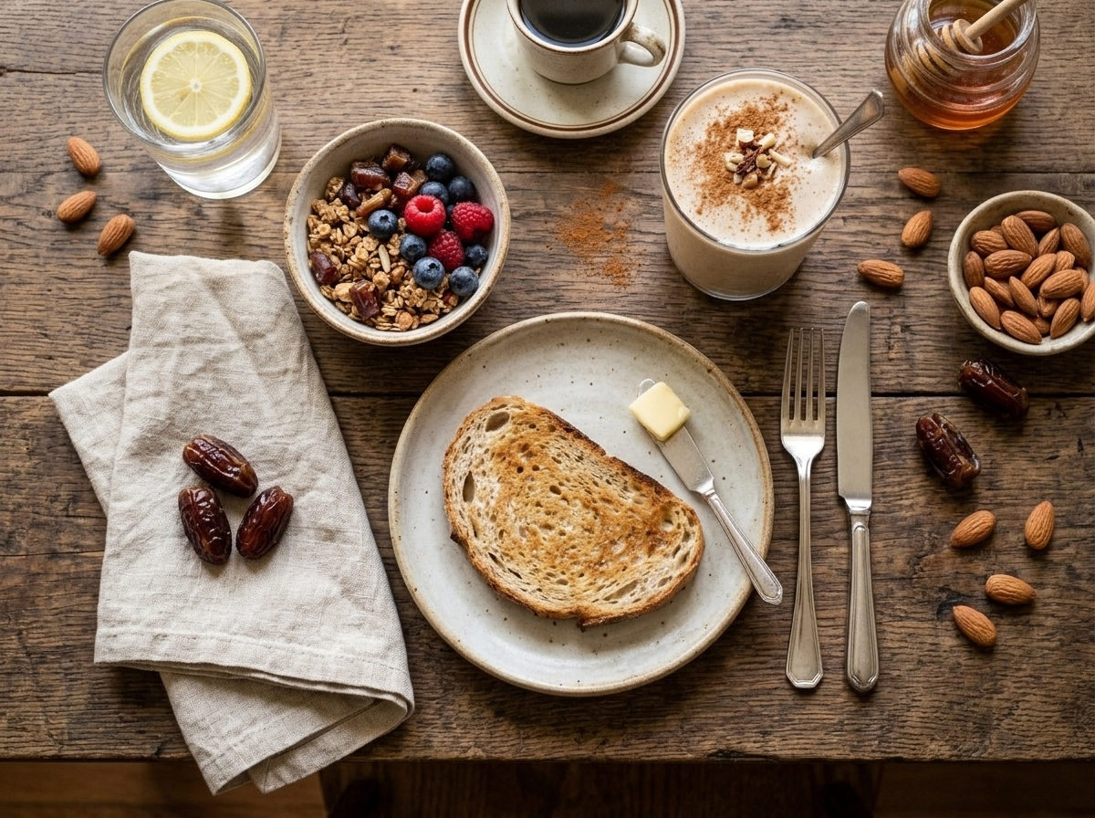 Cinnamon almond date smoothie in a glass with a straw served on a breakfast table with granola and linen napkin