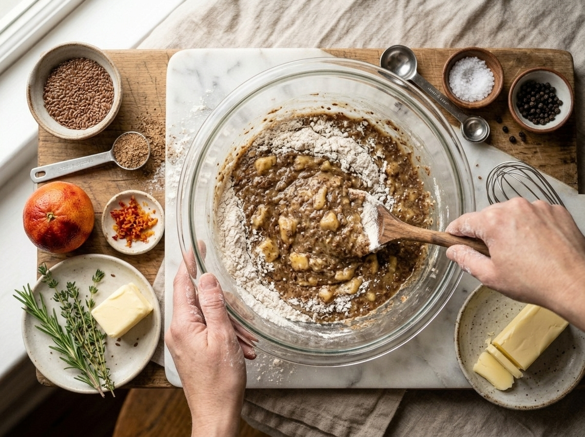 Hands folding ground flaxseed and flour into mashed banana batter in a glass mixing bowl on a marble counter