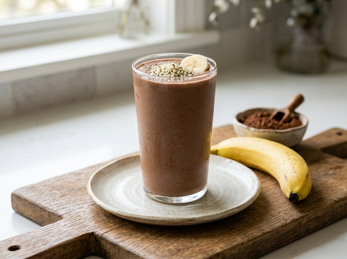 Tall glass of hemp seed cacao banana smoothie topped with hemp seeds and a banana slice on a wooden board