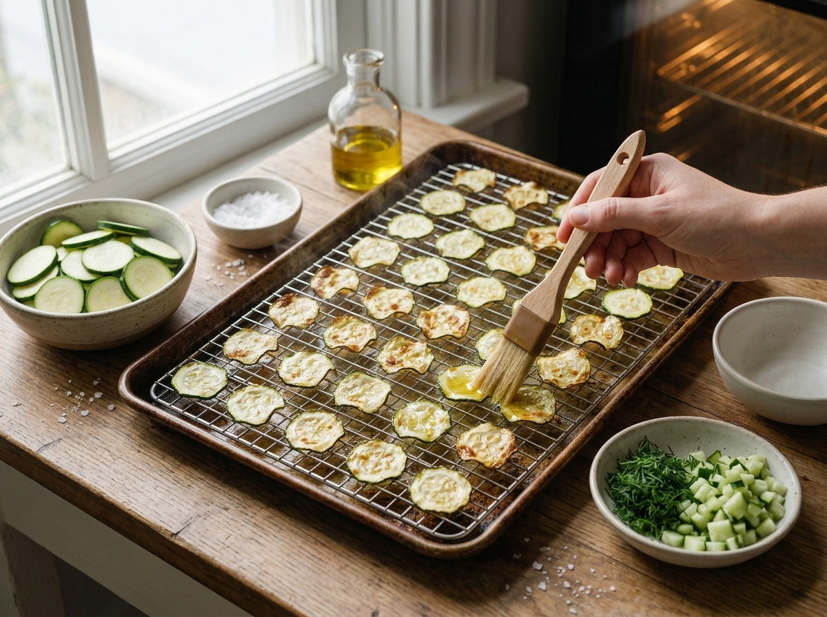 Thin zucchini slices on a wire rack over a sheet pan, edges curling gold as a hand brushes them with olive oil