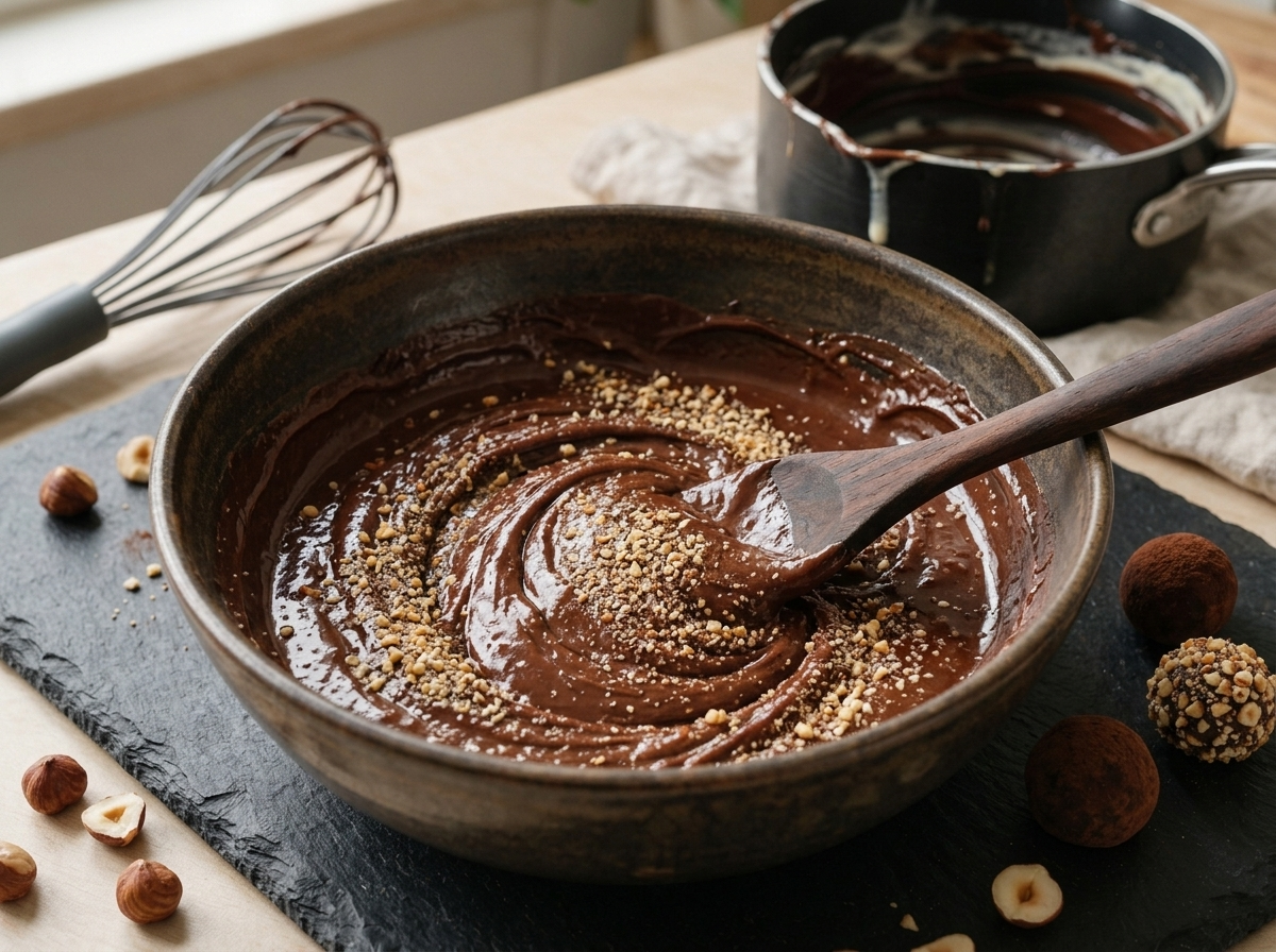 Hand folding ground toasted hazelnuts into glossy dark chocolate ganache in a mixing bowl with a rubber spatula