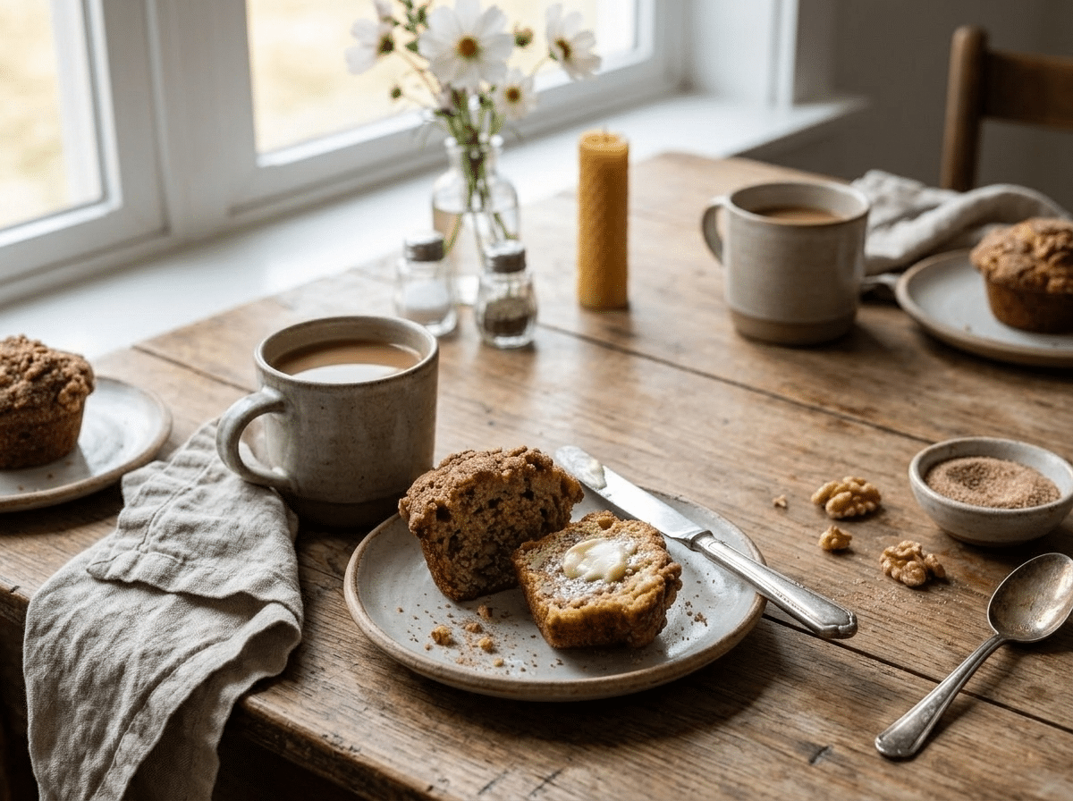 Split banana walnut muffin with butter served on a plate beside a mug of coffee at breakfast
