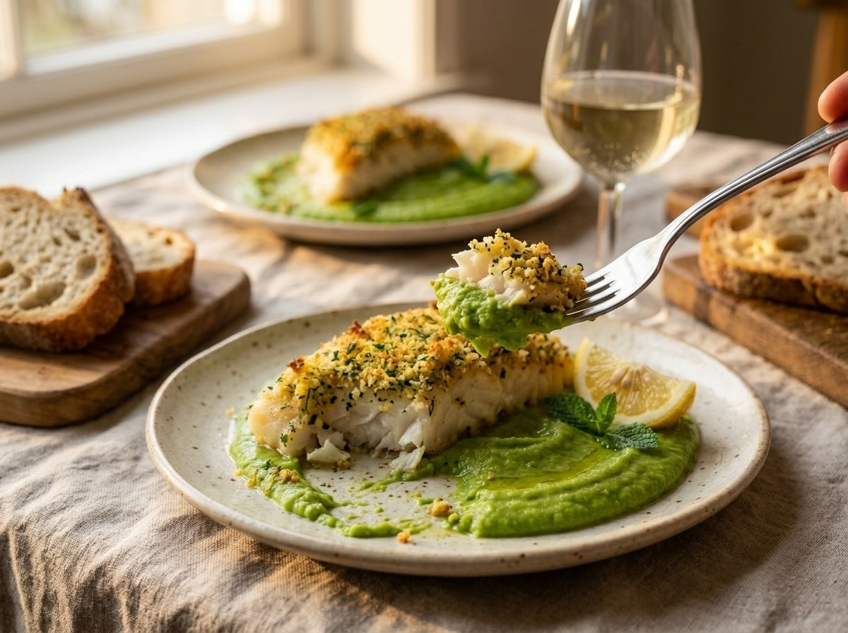Two plates of herb crusted cod with pea puree served on a linen table with wine and crusty bread