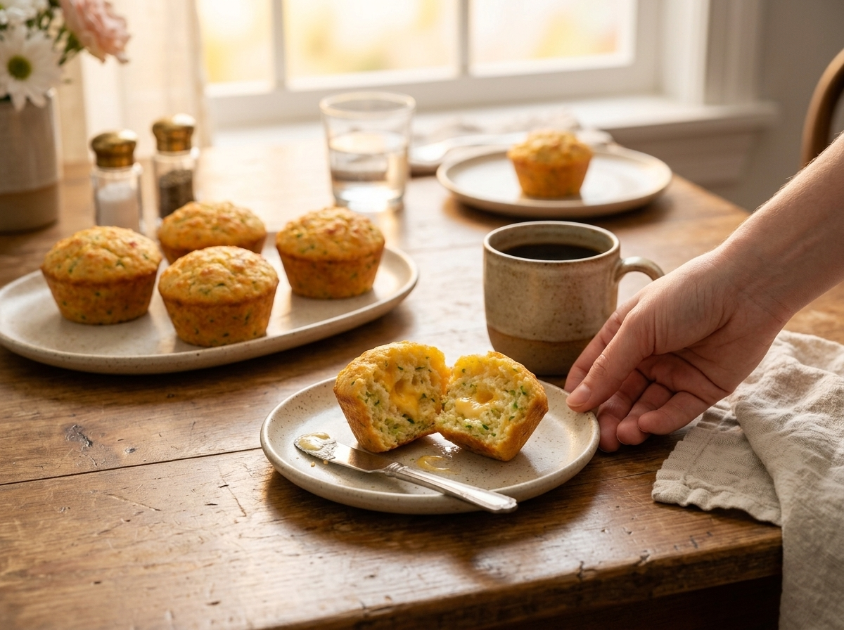 A split, buttered muffin on a small plate next to coffee and a linen napkin in warm morning light.