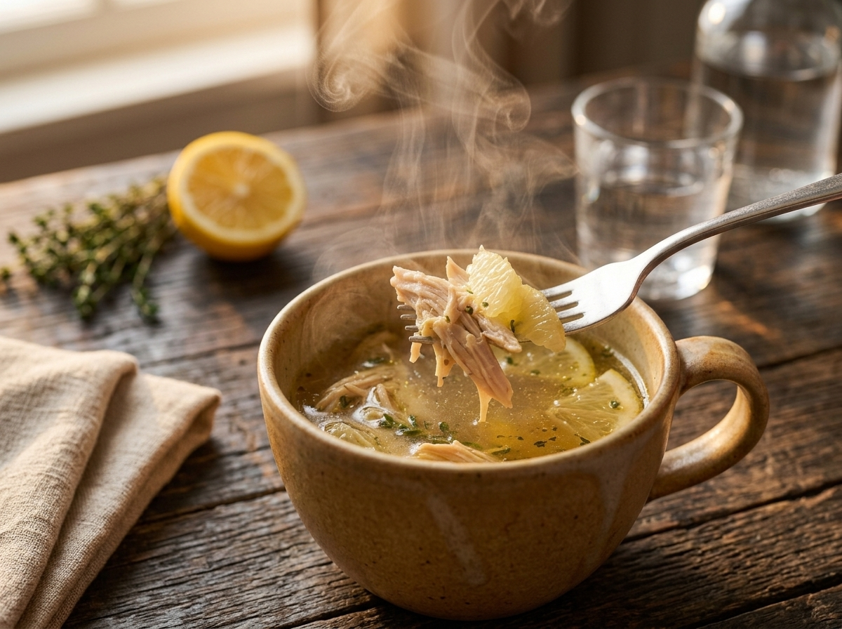 Two hands wrapped around a steaming mug of lemon thyme chicken broth at a wooden kitchen table