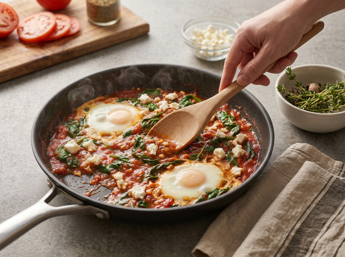 Cook cracking an egg into a bubbling tomato and spinach sauce inside a cast-iron skillet mid-preparation