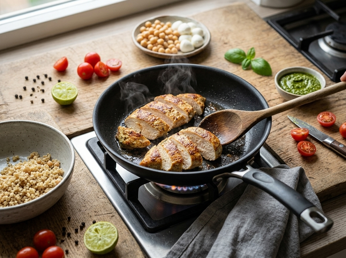 Chicken breast searing golden in a nonstick skillet on the stovetop for a high-protein pesto power bowl