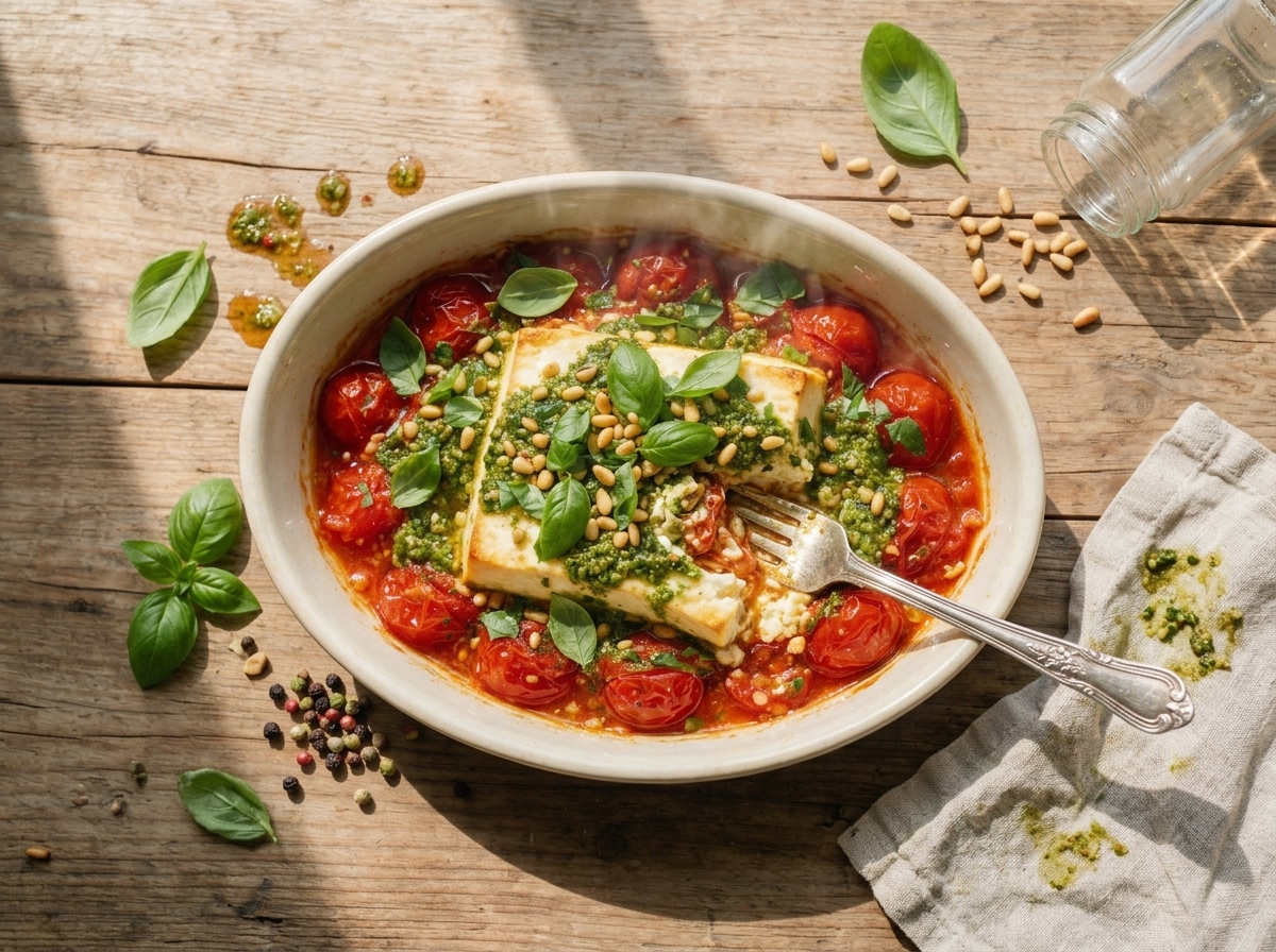 Cherry tomatoes bursting around a softened feta block straight out of the oven, steam rising over the dish.