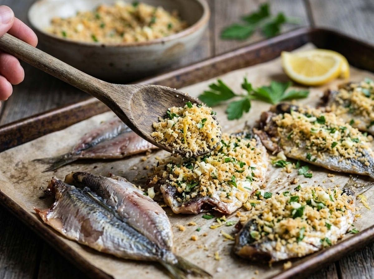 Hands spooning garlic parsley lemon breadcrumb topping onto butterflied raw sardines before baking on a sheet pan