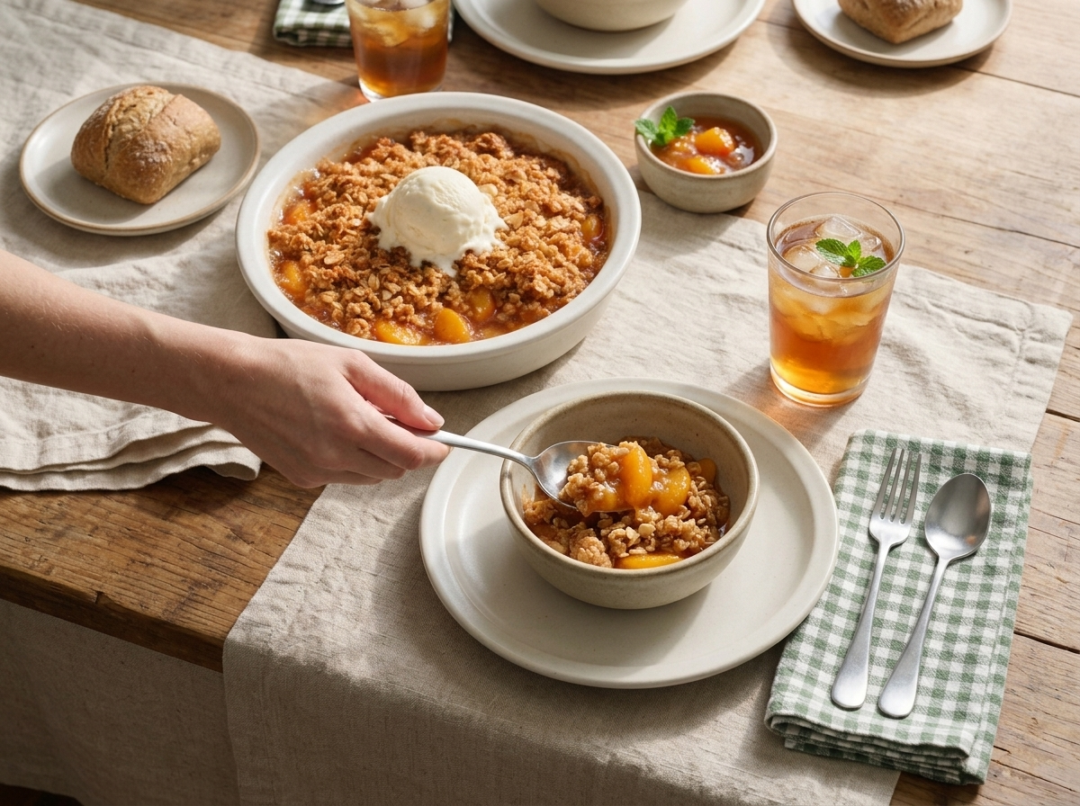 A bowl of warm peach cobbler topped with melting vanilla ice cream, set on a linen-covered table at dusk
