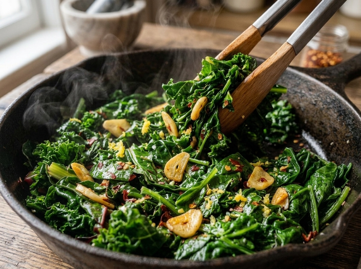 Tongs tossing kale and chard with sliced garlic in a hot skillet during the sauteing process