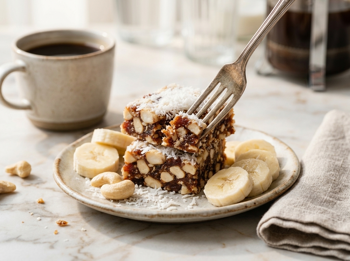 Cashew coconut energy bars on a linen napkin beside a coffee mug and sliced banana on a marble counter