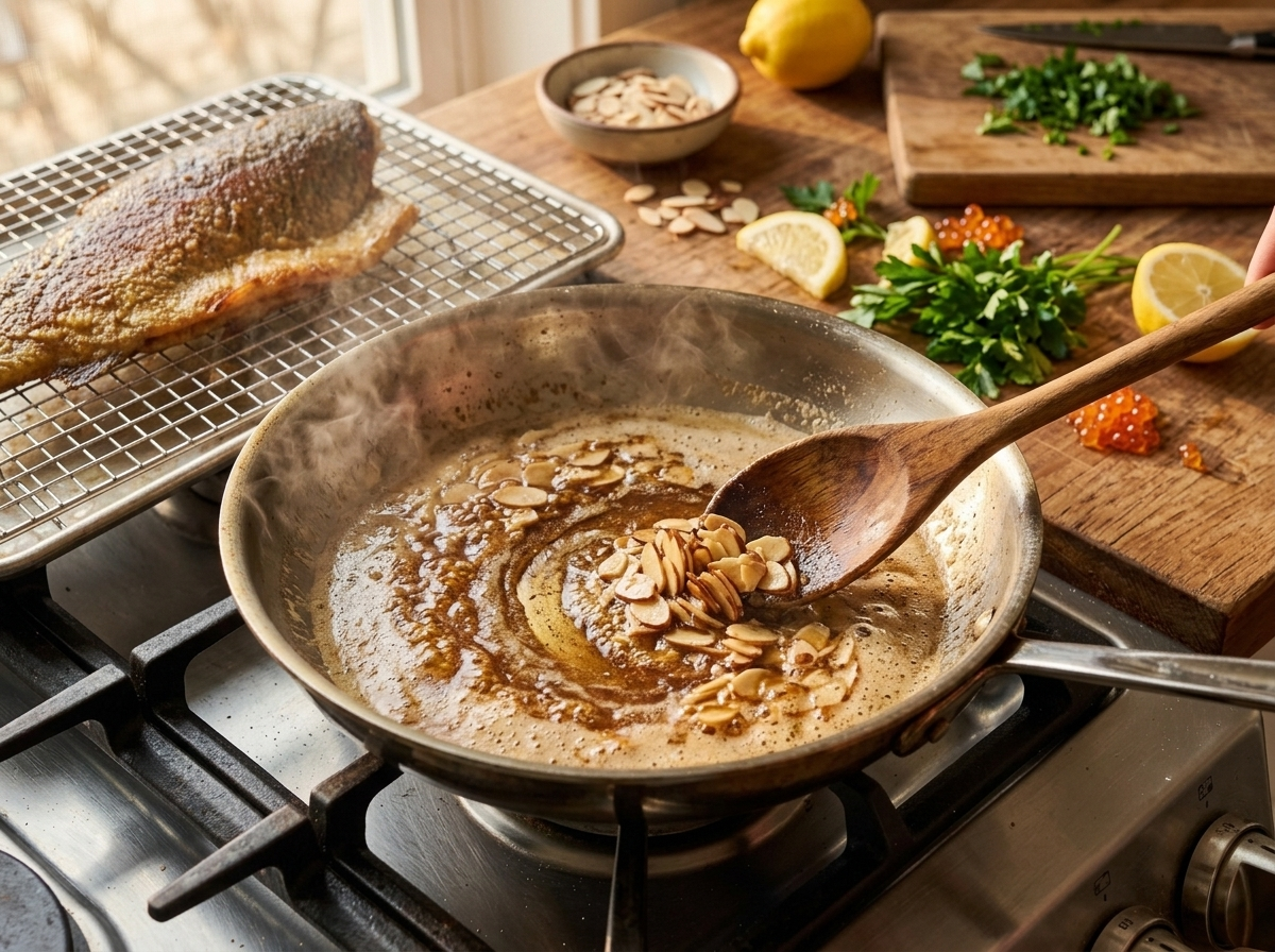 Butter browning in a skillet with sliced almonds toasting to golden as it's stirred with a wooden spoon
