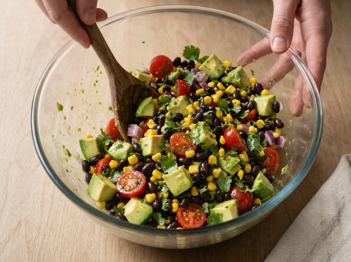 Hands folding diced avocado, black beans, and corn kernels with lime dressing in a glass mixing bowl on a marble counter