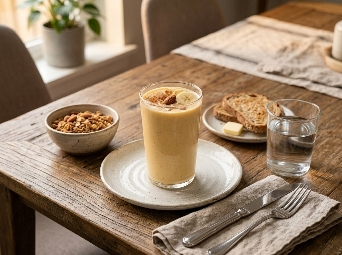 Lucuma vanilla almond smoothie served at a breakfast table with granola and a linen napkin
