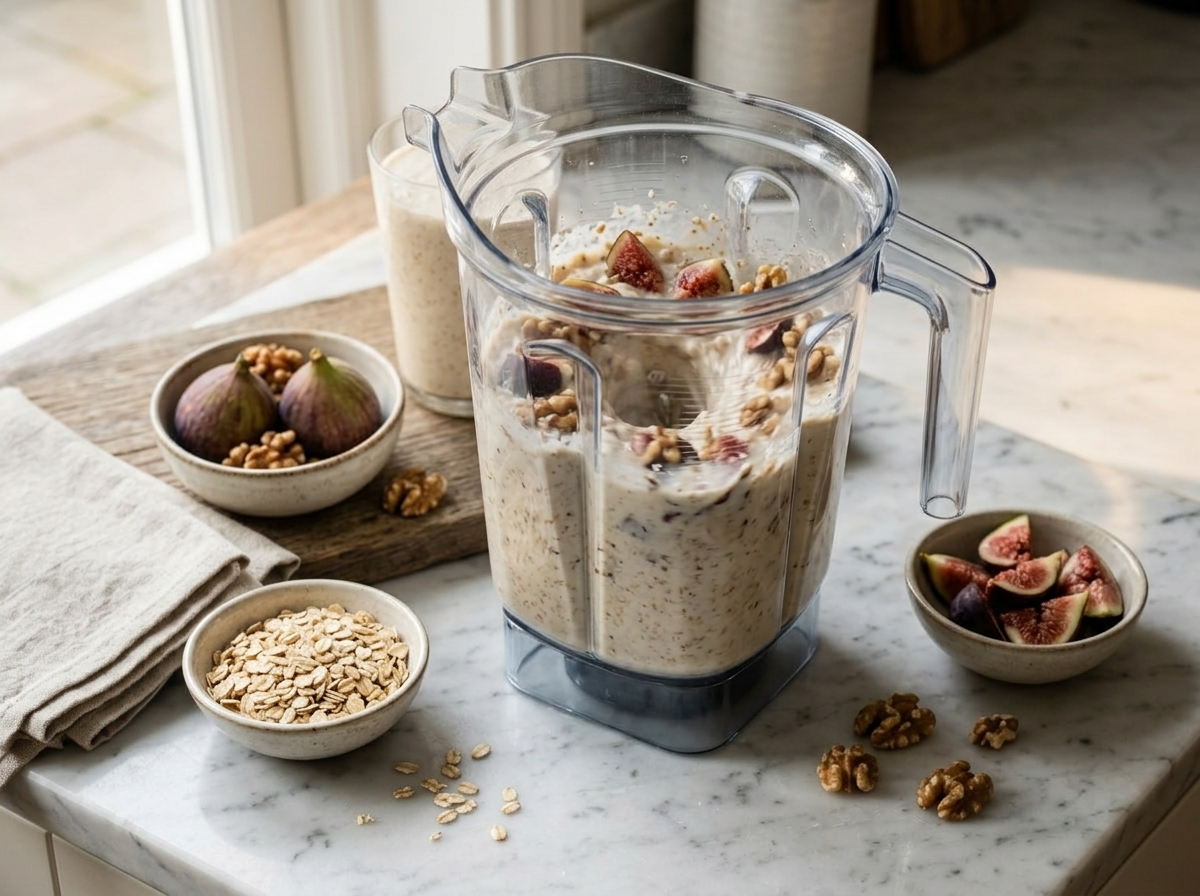Blender mixing fresh figs, rolled oats and toasted walnuts into a creamy smoothie on a marble counter