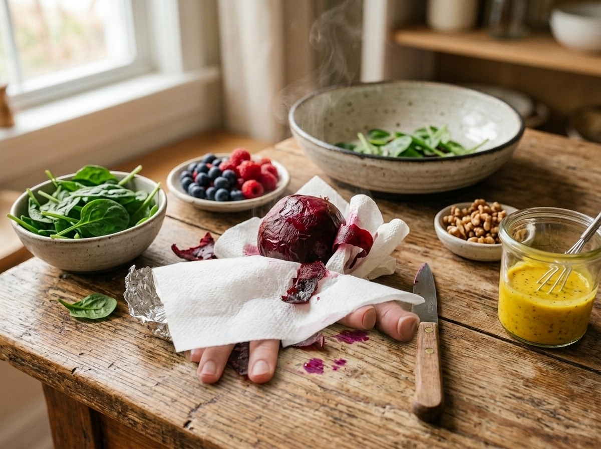Hands peeling the skin off a warm roasted beet on a wooden cutting board with foil wrapper nearby