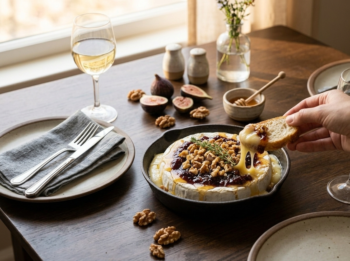 Baguette slice scooping warm gooey baked brie with fig jam and walnuts, glass of white wine nearby