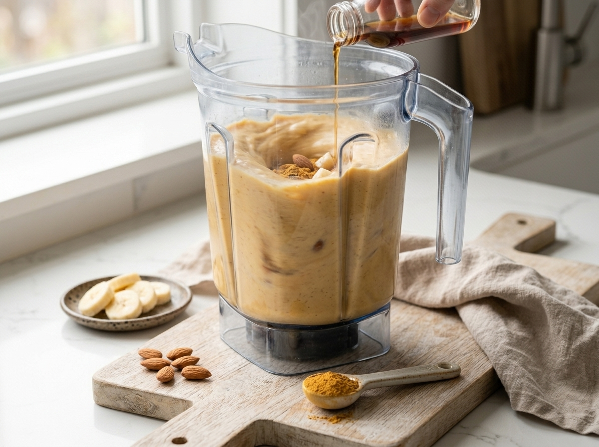 Blender swirling lucuma powder, banana, and almond milk into a smooth pale orange smoothie