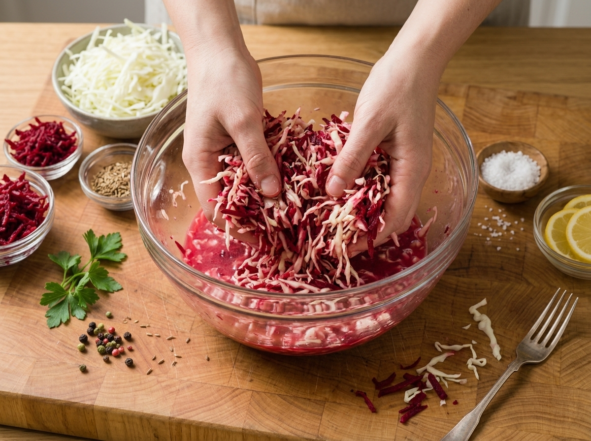 Hands massaging salted shredded cabbage and grated beets in a glass bowl until liquid pools at the bottom.