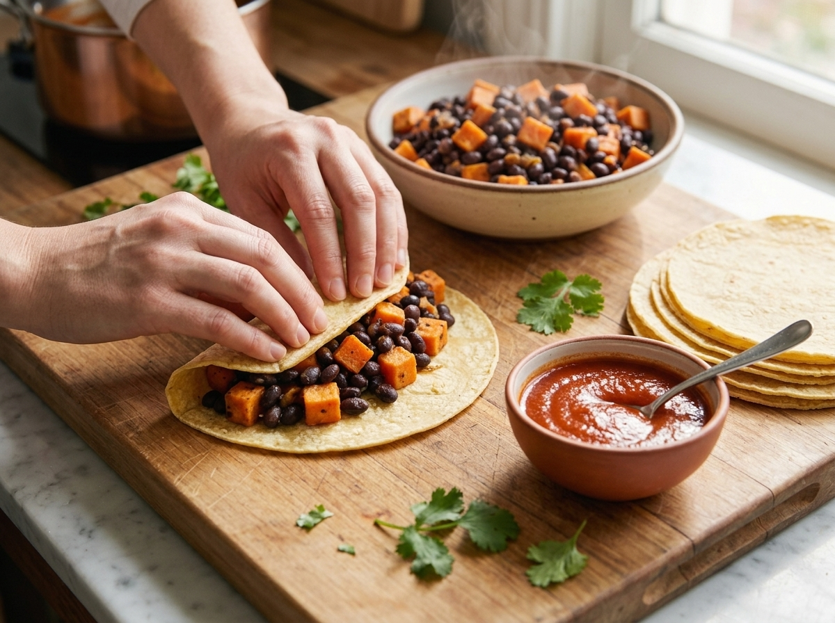 Hands rolling a corn tortilla filled with black bean and sweet potato mixture on a wooden cutting board