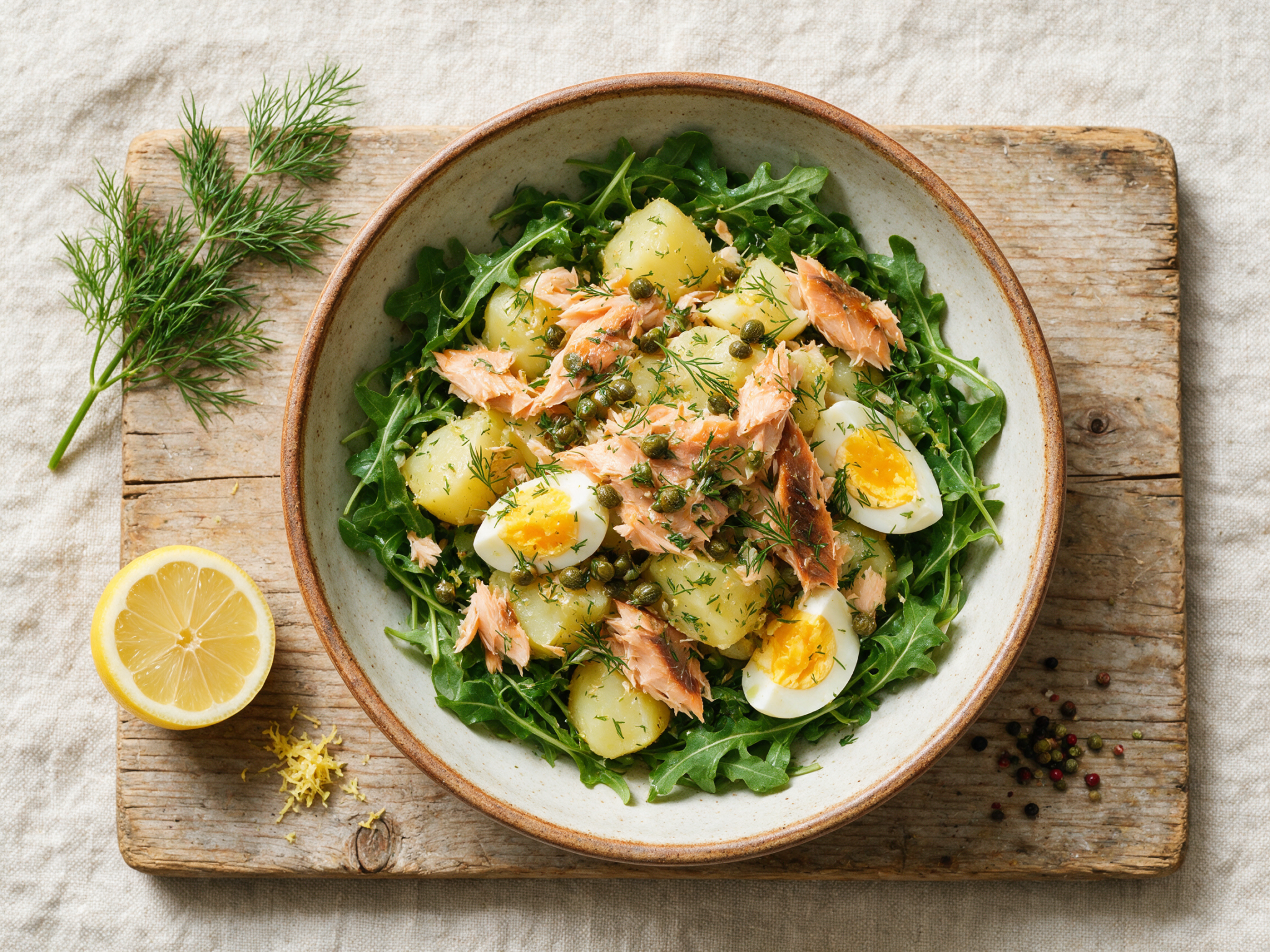 Smoked Trout Potato Salad Bowl with Dill and Lemon