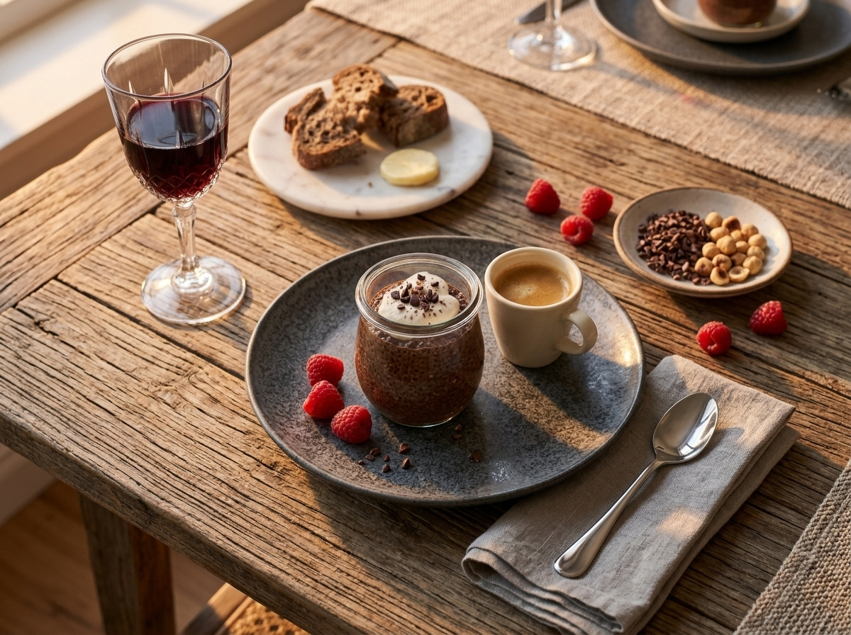 Glass jar of espresso chia mousse served with raspberries and a small espresso cup on a marble table
