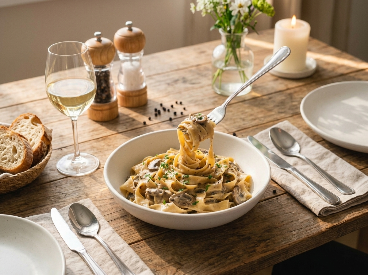 Hands twirling a fork through mushroom stroganoff noodles at a set table with wine and bread in warm light