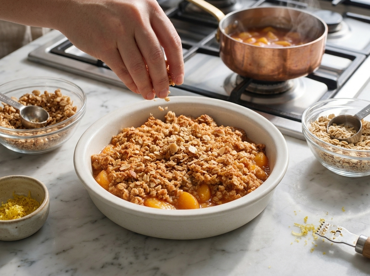 Hands scattering oat-almond crumble over sliced peaches in a baking dish before the cobbler goes into the oven
