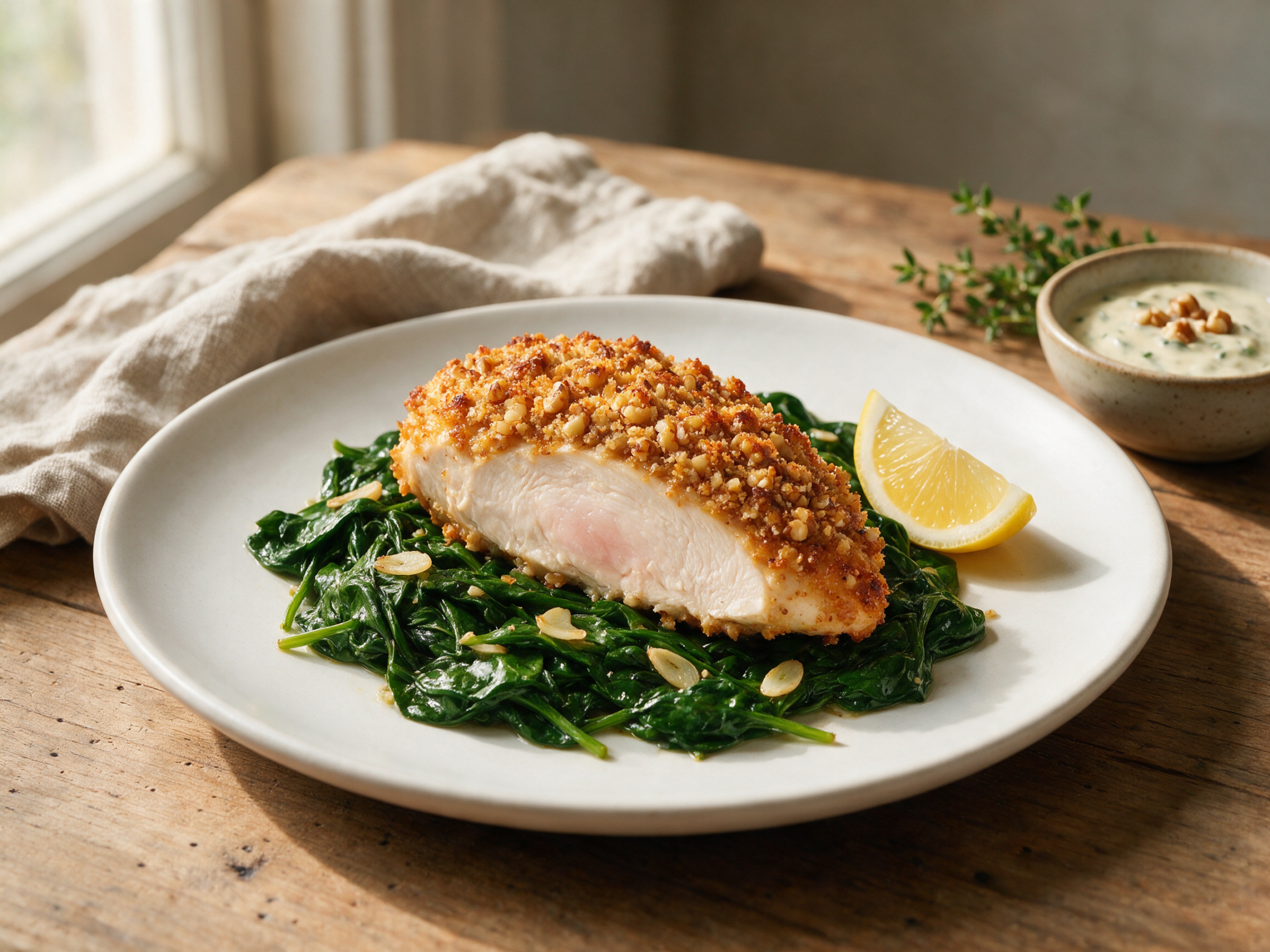 Crispy Walnut Crusted Baked Chicken with Greens