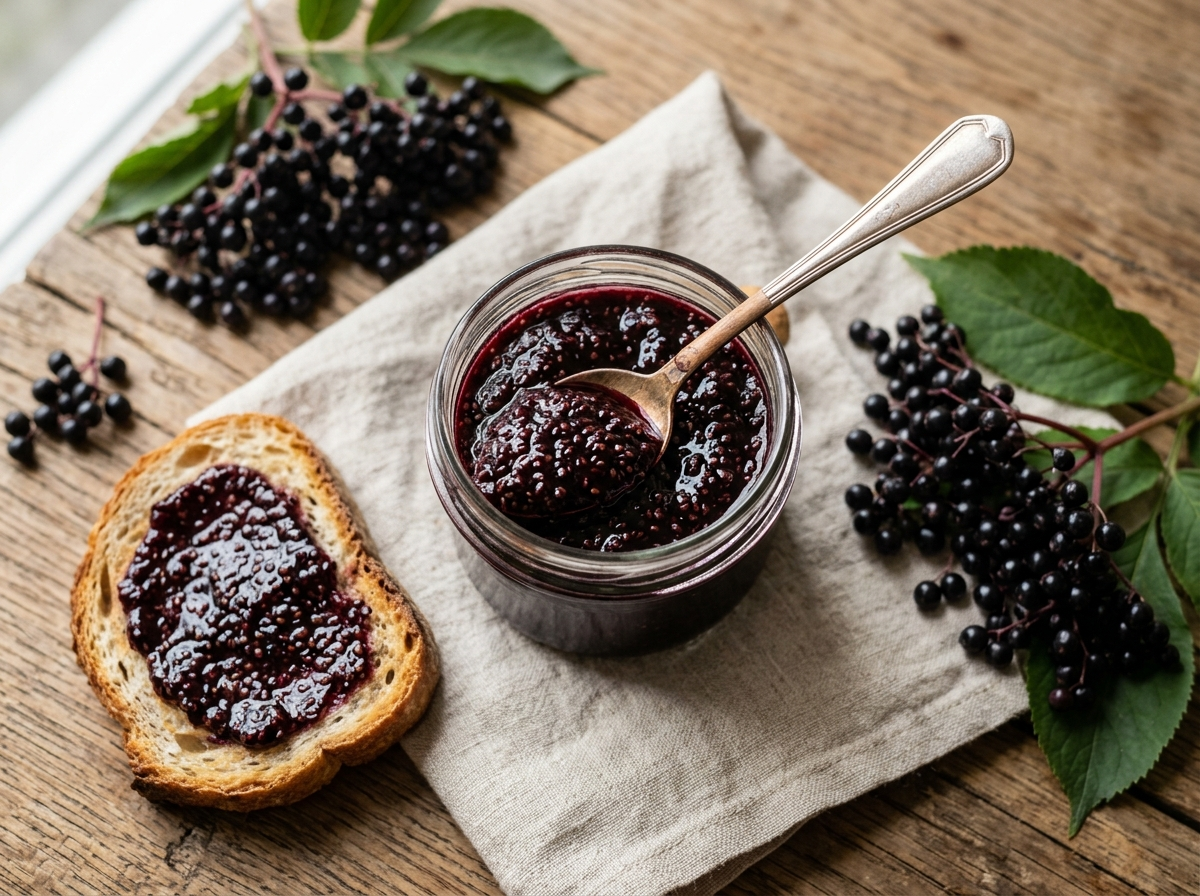 Glass jar of elderberry chia breakfast jam with visible chia seeds, spoon resting inside, fresh elderberries and toast nearby