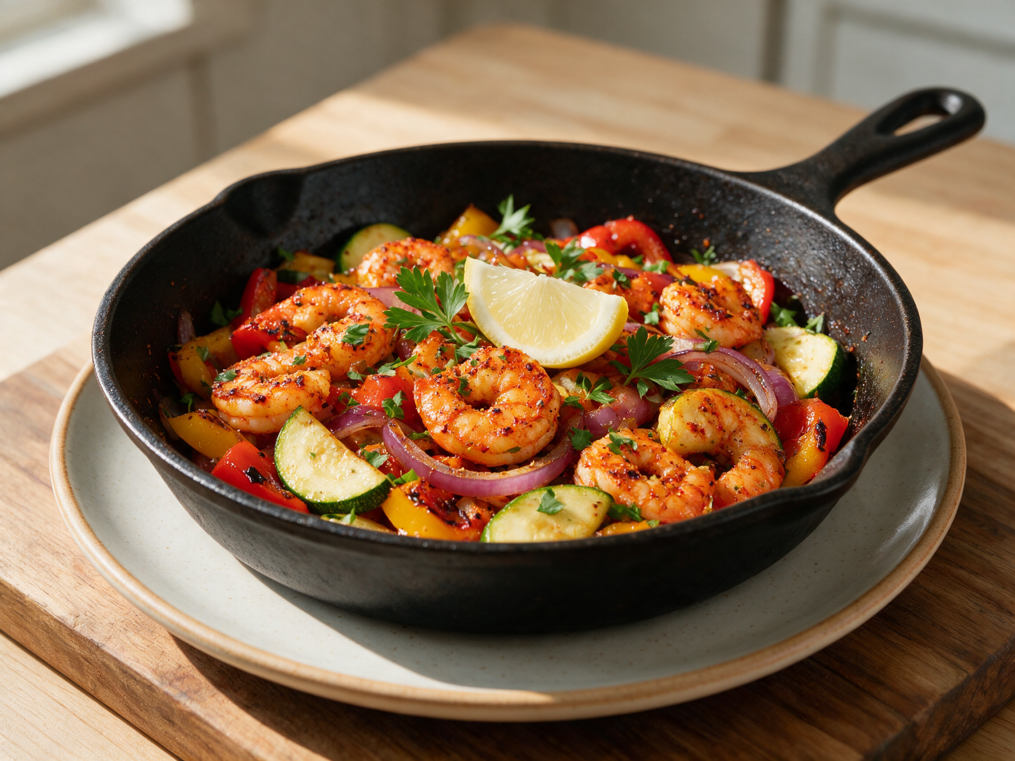 Smoky Seared Cajun Shrimp and Veggie Skillet