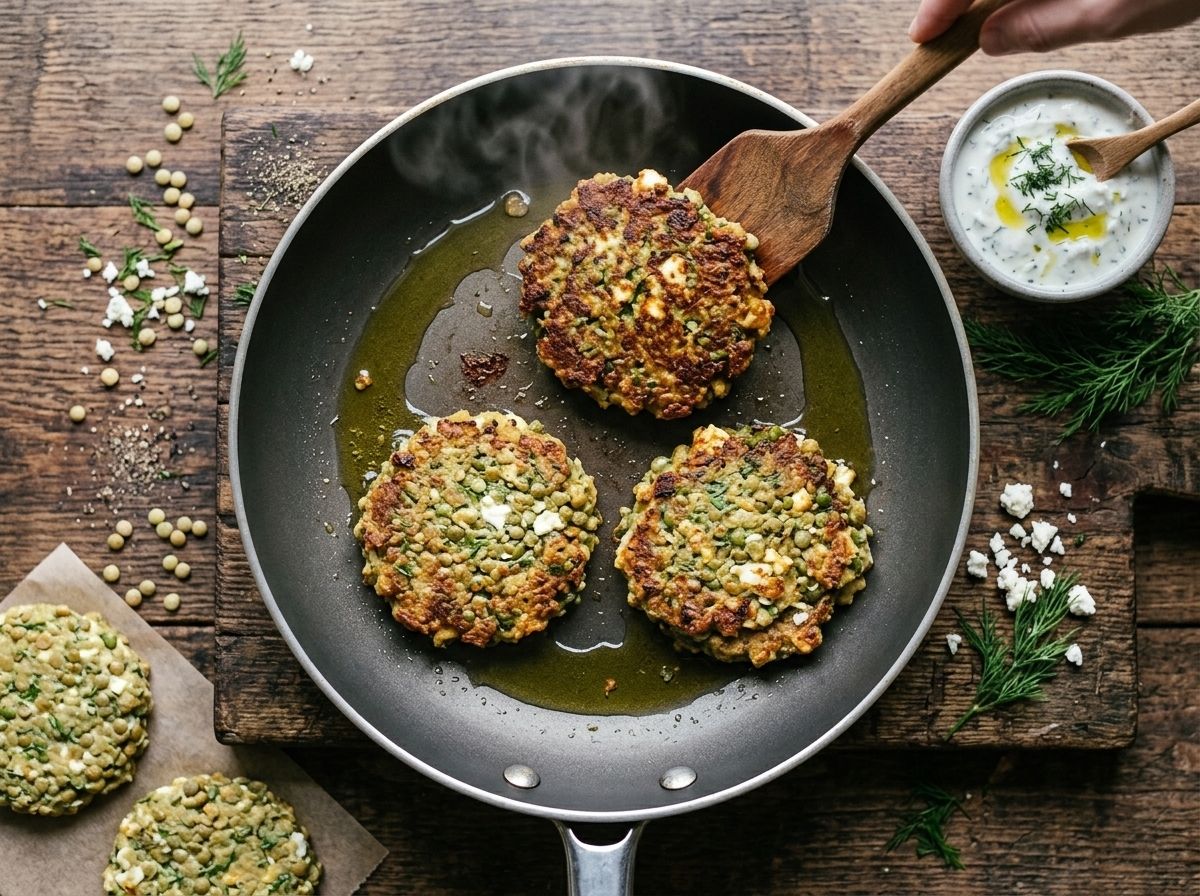 Three lentil feta fritters frying in olive oil in a nonstick skillet, edges turning golden brown