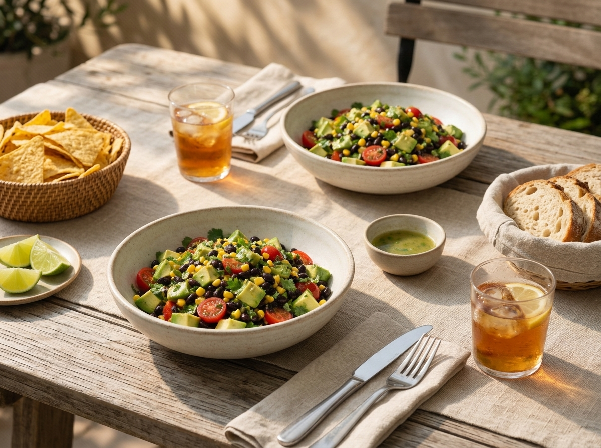 Two bowls of avocado bean salad set on a linen-covered outdoor table with tortilla chips and iced tea in golden light