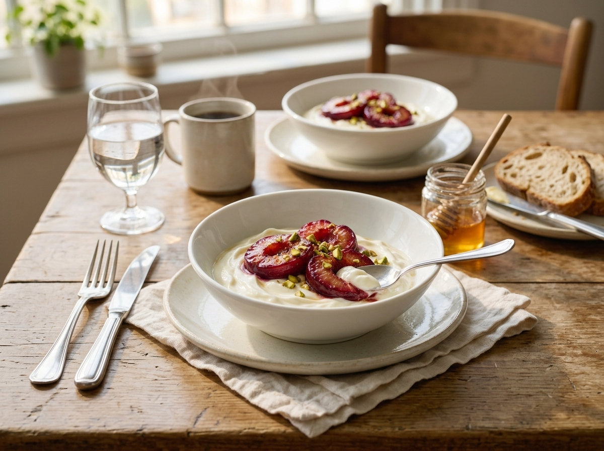 Two bowls of yogurt and roasted plums on a breakfast table with coffee and a honey jar in morning light