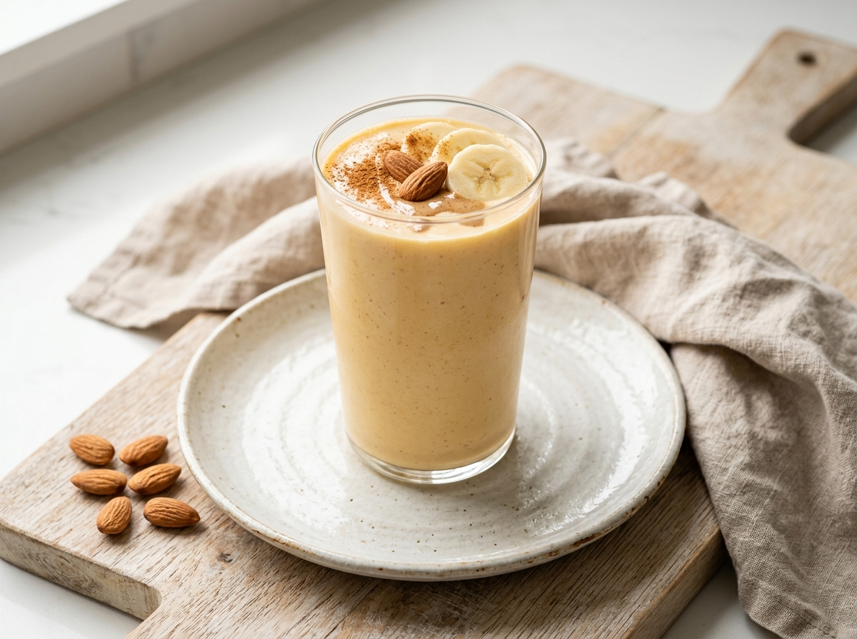 Tall glass of lucuma vanilla almond smoothie topped with cinnamon and sliced almonds on a wooden board