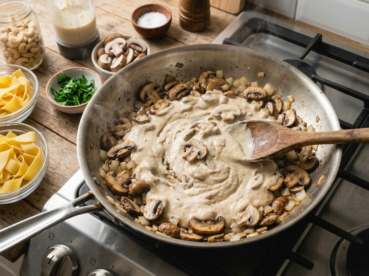 Wooden spoon stirring browned mushrooms into pale cashew cream sauce inside a stainless steel skillet on the stove