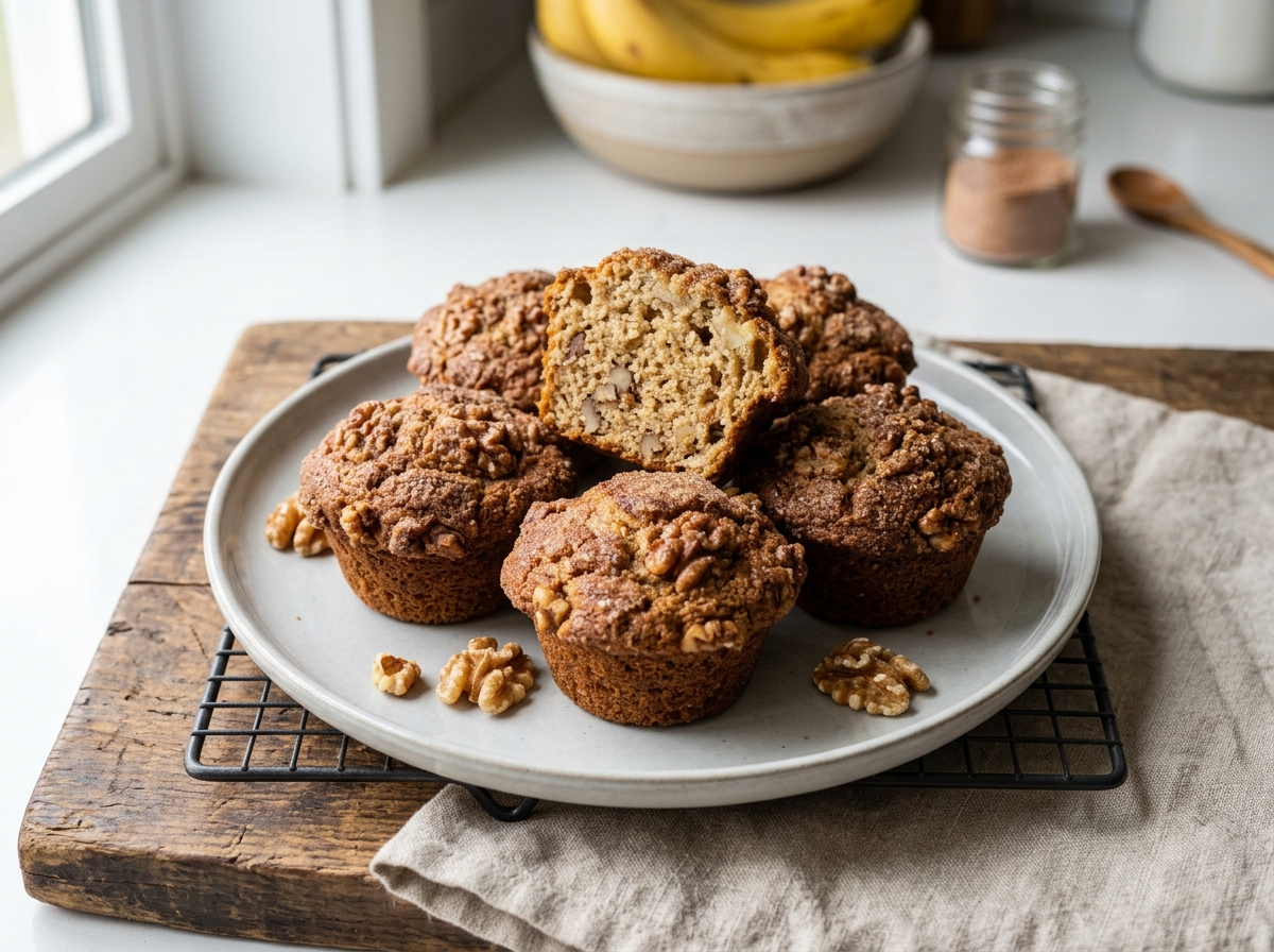 Banana Walnut Breakfast Muffins with Cinnamon Sugar