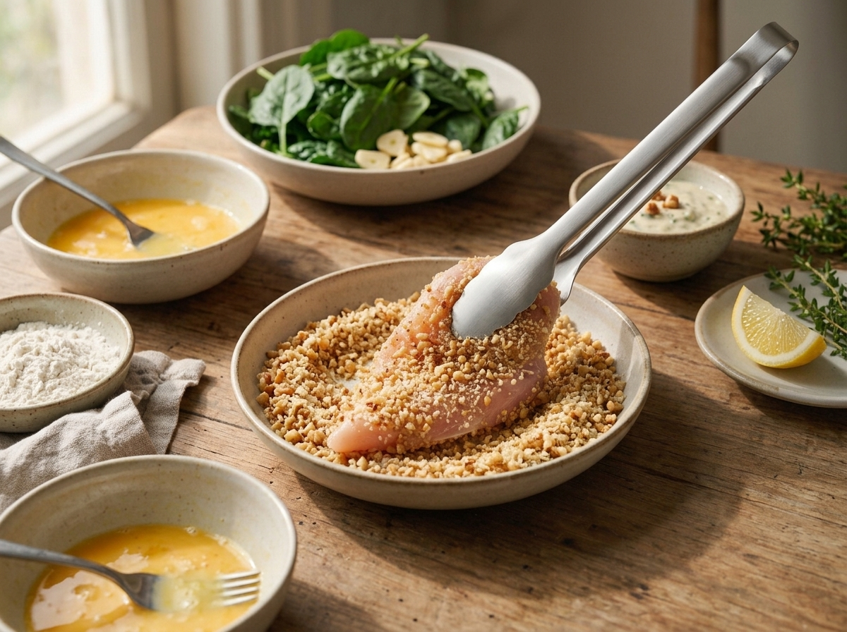 Close-up of raw chicken pressed into chopped walnuts, panko and parmesan crumb on a wooden cutting board.