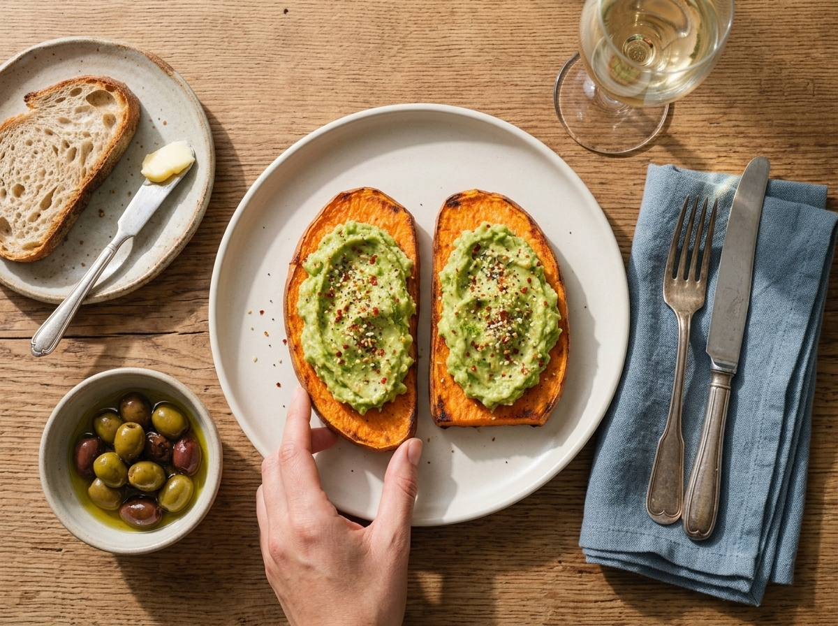 Plate of sweet potato avocado toast on a linen napkin next to coffee and orange juice on a sunlit wooden table