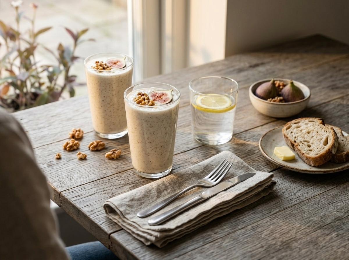 Two glasses of fig and walnut oat smoothie served on linen napkins with fresh figs and walnuts on the side