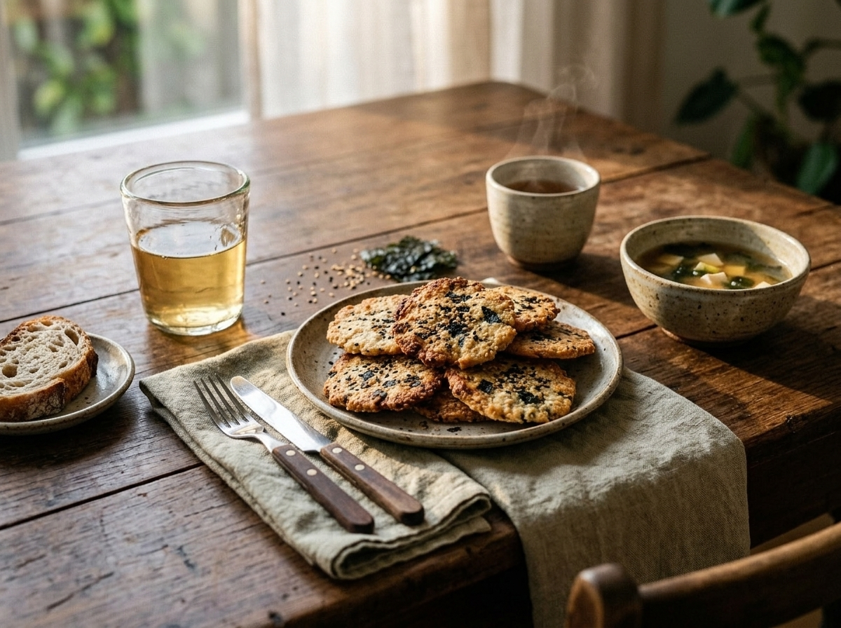 Seaweed sesame rice crackers served on a linen napkin beside a small bowl of miso soup and teacup