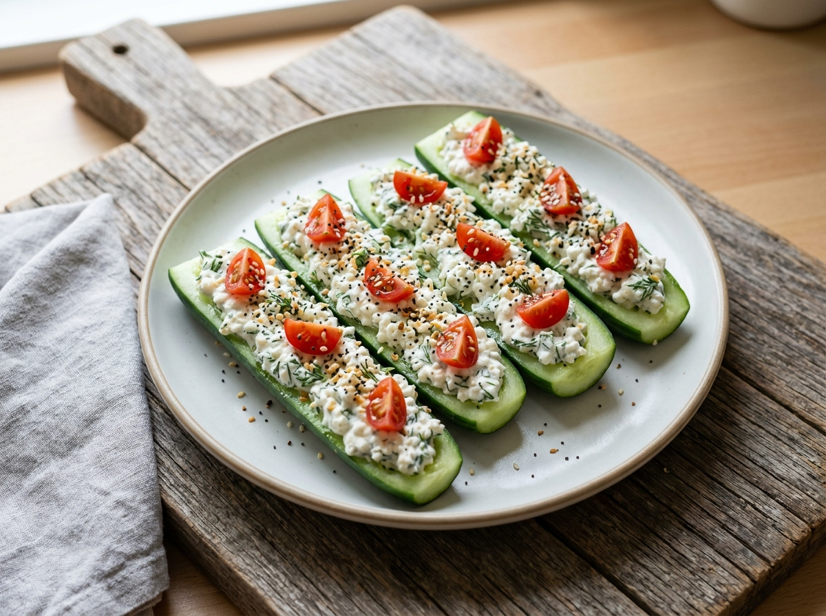 Cottage cheese cucumber boats topped with dill, cherry tomatoes and everything bagel seasoning on a wooden board