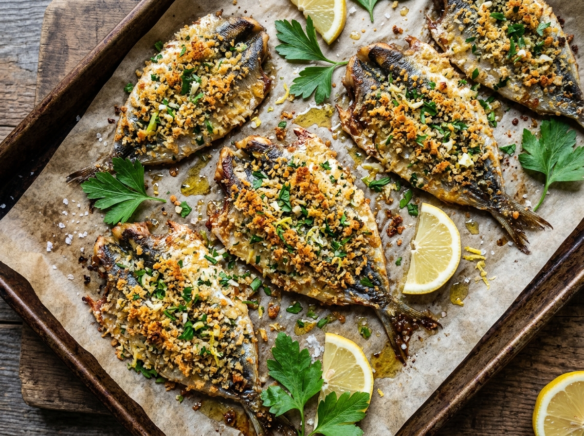 Crispy Baked Sardines with Garlic, Lemon and Fresh Herbs
