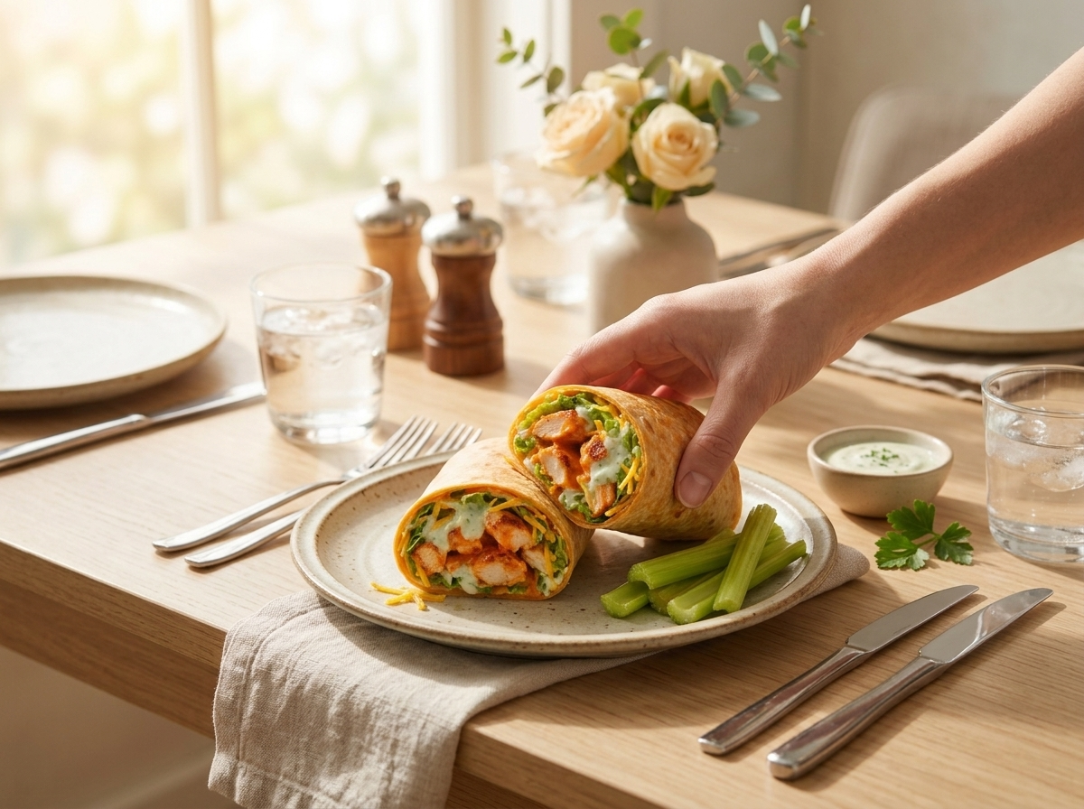 Hand picking up a halved buffalo chicken wrap from a plate set with celery sticks and a ramekin of ranch dressing