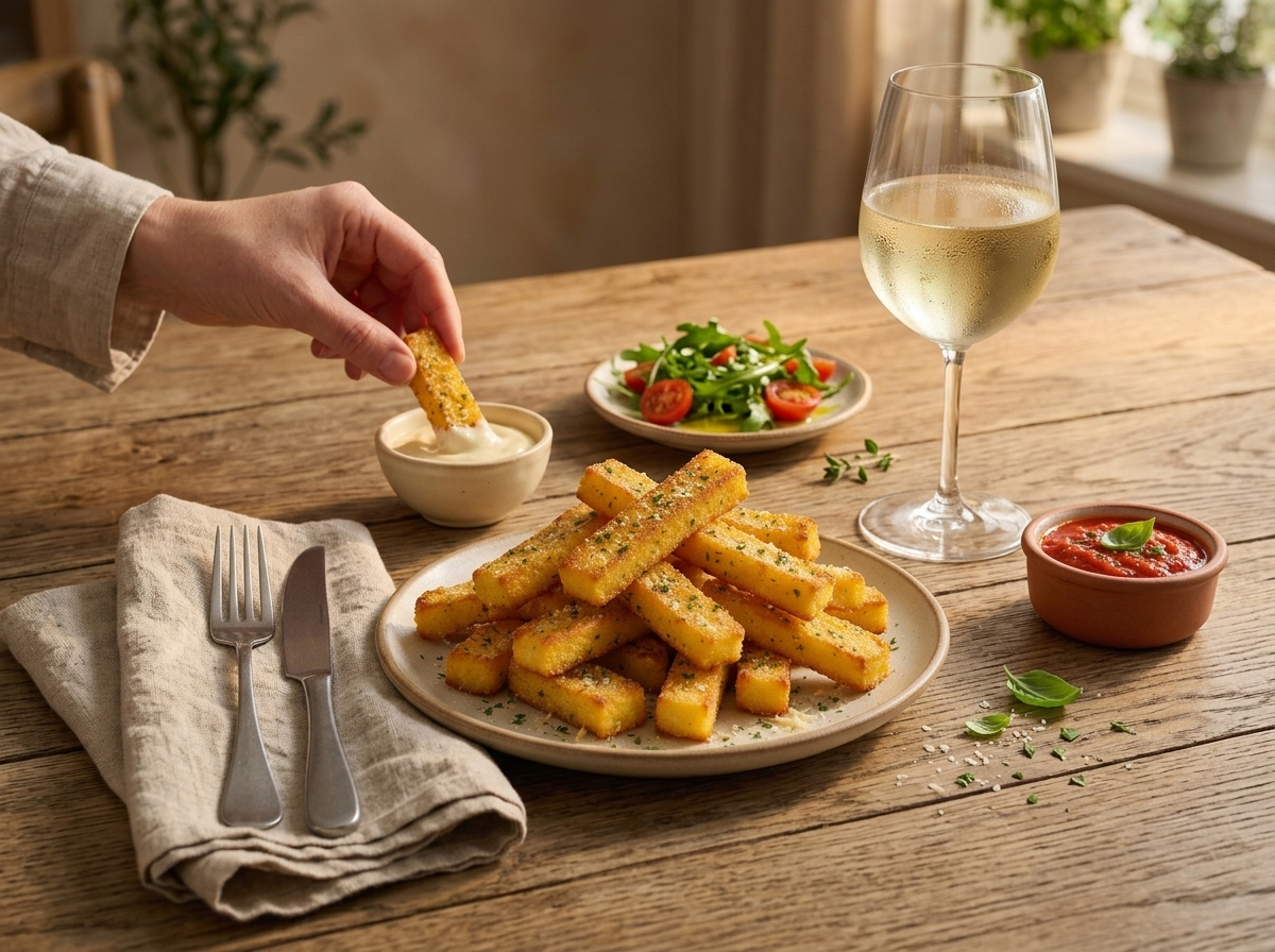 Hand dipping a crisp polenta fry into garlic aioli at a linen-covered table with a glass of wine and a small herb bowl.
