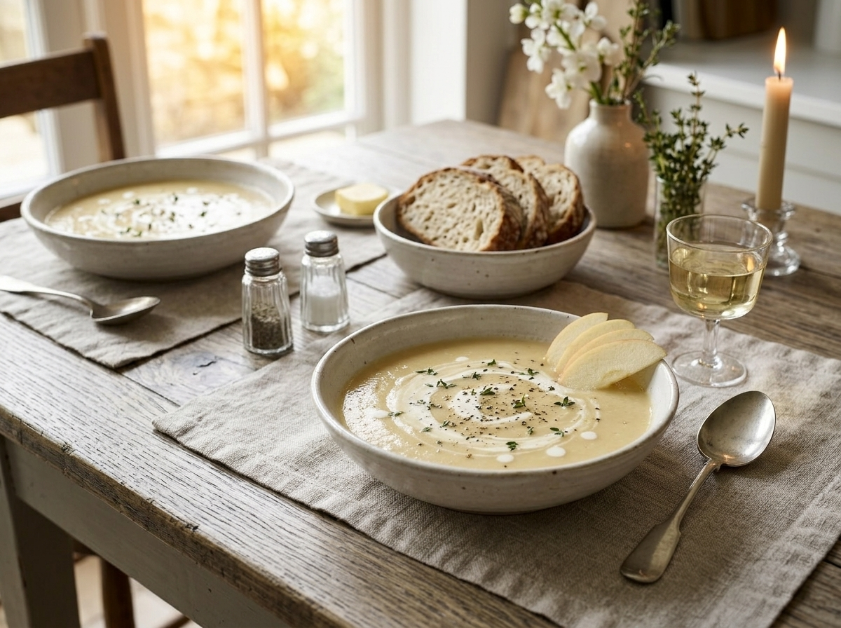 Two bowls of celeriac and apple soup served with sourdough bread on a wooden table at golden hour