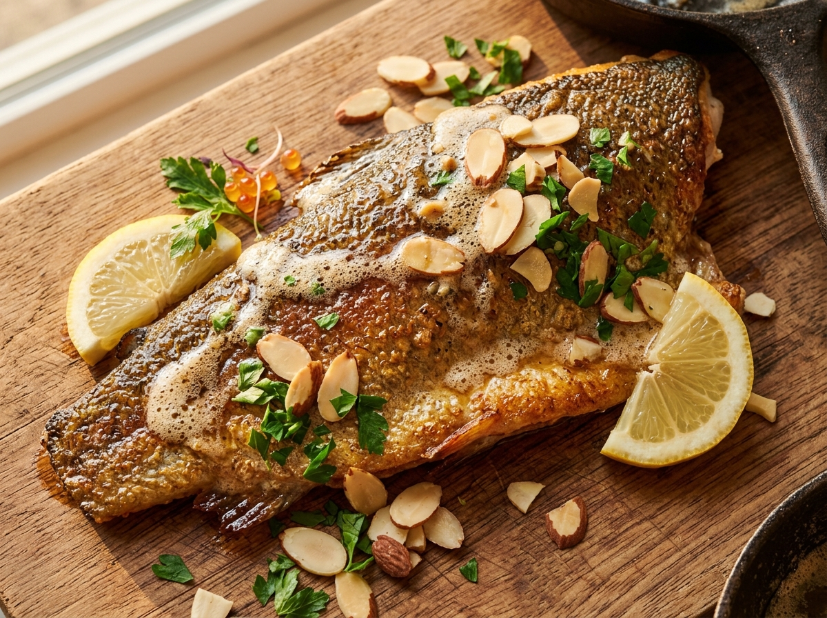 Crispy skin-on trout fillet topped with almond brown butter, lemon wedges and parsley on a wooden board